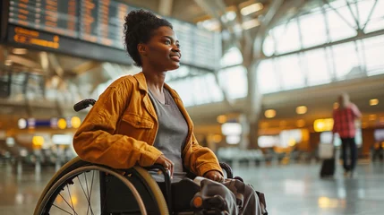 Foto op Canvas Disabled beautiful satisfied black woman tourist in a wheelchair in the international airport © mikhailberkut