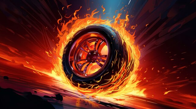 Car wheel illustration with flames 