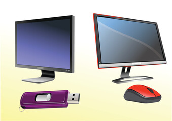 Flat computer monitor. Display. Mouse and disk on key. Hand drawn Vector illustration