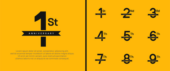 set of anniversary logo black color number and black ribbon on yellow background for celebration