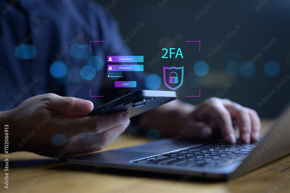 Aufkleber Data protection with 2Fa, Two-Factor Authentication, Cybersecurity and privacy protect data. Internet network security technology. Encrypted data. Personal online privacy. Cyber hacker threat.
