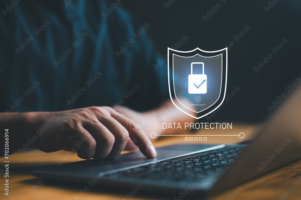 Poster Cybersecurity data protection, businessman with security icons connecting to application ecosystem, protection from hacker, crime, identification and authentication, checkmark, padlock.