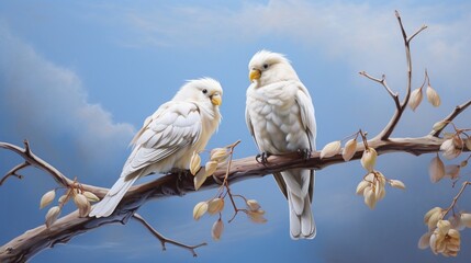 A pair of elegant white birds perched on a branch against the clear blue sky, their feathers gleaming in the sunlight, creating a scene of natural grace and beauty.
