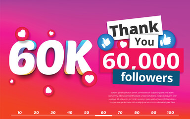 Thank you 60k followers colorful celebration template, 60000 followers achievement banner on social media