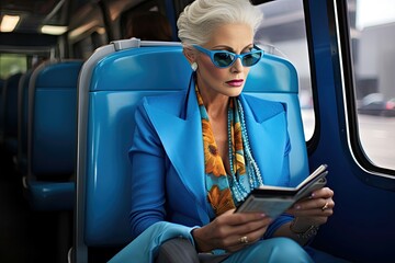 Mature lady in a blue suit reading on public transportation