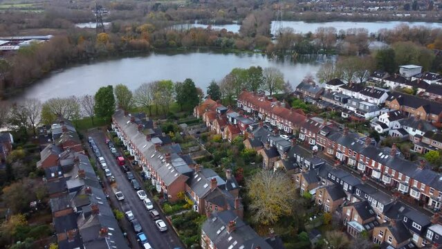 Drone flying over housing estate in English countryside of Oxfordshire