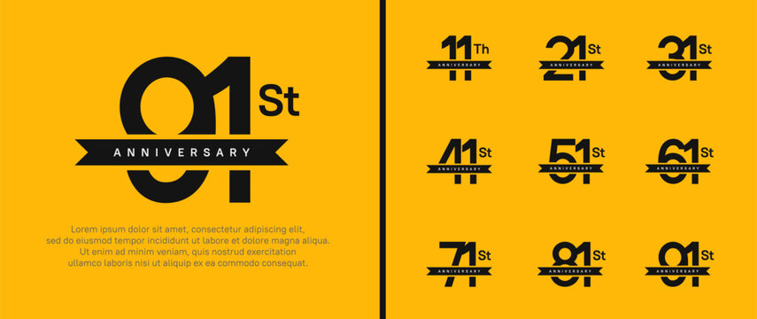 set of anniversary logo black color number and black ribbon on yellow background for celebration