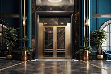 Elegant hotel entrance with golden accents and plants - obrazy, fototapety, plakaty