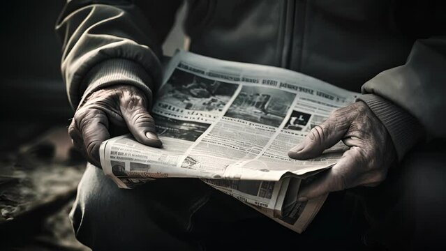 A detailed shot of a persons hand clutching a newspaper, symbolizing the role of selective exposure and how people may actively seek out media sources that perpetuate their beliefs in conspiracy