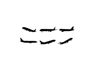 Set airplane icon. Set of black plane silhouette icon, logotype. Aircraft vector design and illustration. Six airplane silhouette isolated white background.