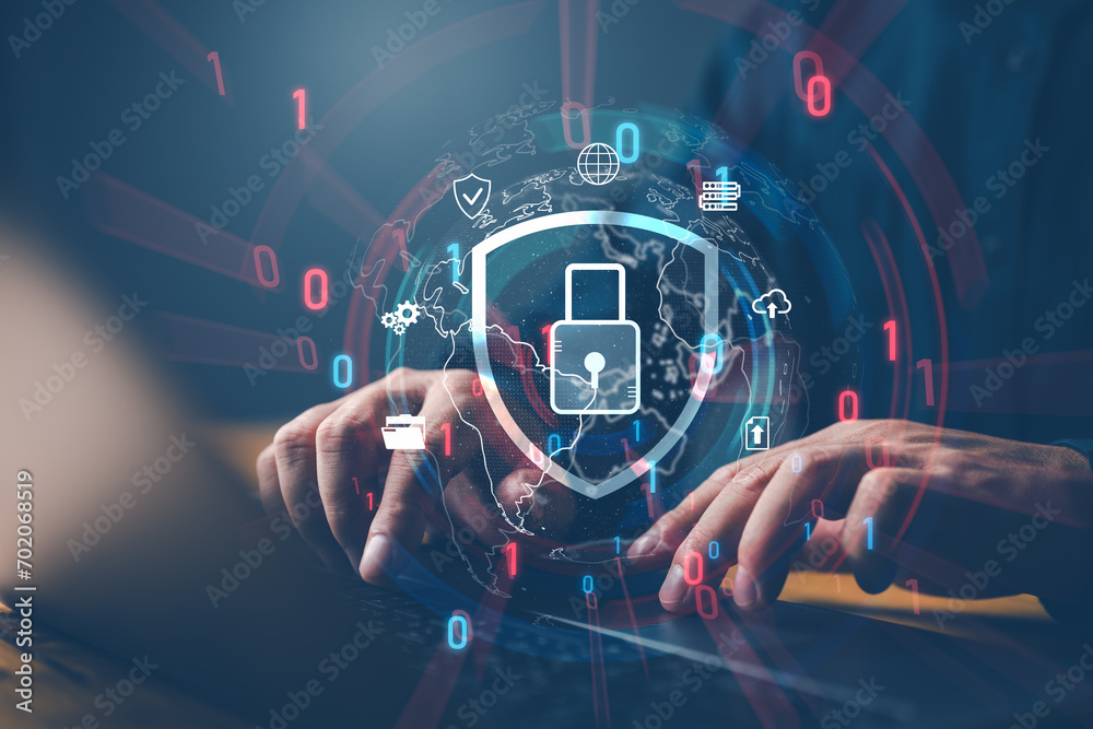 Poster cybersecurity and privacy concepts to protect data. lock icon and internet network security technolo