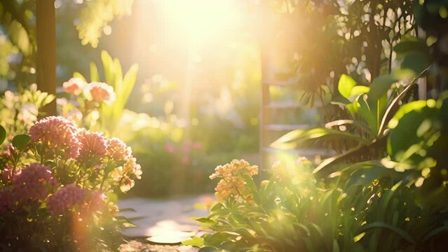 Soft sunlight filters through the foliage, casting a warm glow on the garden and its charming decor.
