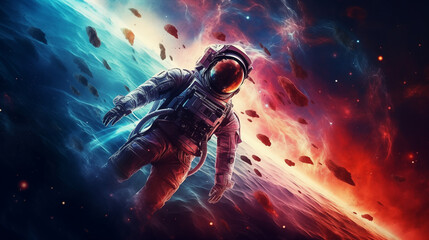 Astronaut flies in outer space planets beautiful nebula galaxy background wallpaper banner generative ai - obrazy, fototapety, plakaty