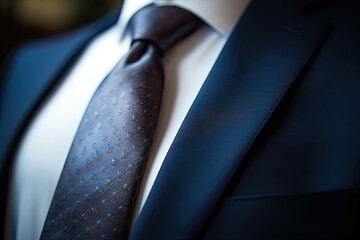 Close-up of a textured dark blue tie on a suit