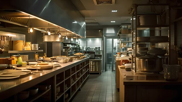 Professional restaurant kitchen interior indoor horizontal dark background with furniture and utensils. 
