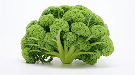a solitary broccoli floret, isolated on a white background, highlighting its intricate green structure.
