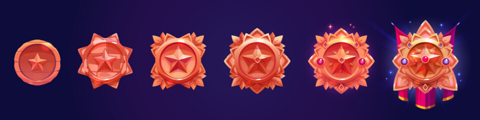 Round badge with star and various stages of decorations evolution for game level rank ui design. Cartoon vector illustration set of red trophy medal or emblem with gemstones and drapery progress. - obrazy, fototapety, plakaty