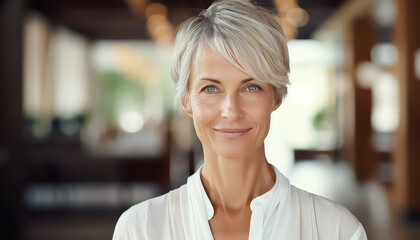 Woman 50 lei with gray hair and in white blouse
