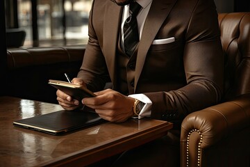 Executive taking notes on a notepad beside a laptop in an office