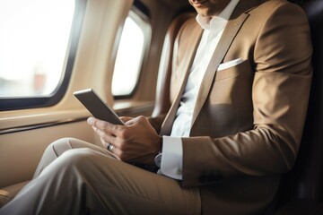 Fototapeta na wymiar Professional in a brown suit using a smartphone in a luxury vehicle
