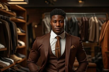 Confident businessman in a smart brown suit at an upscale boutique - obrazy, fototapety, plakaty