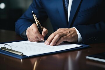 Businessman signs a document in a formal setting, showcasing professionalism