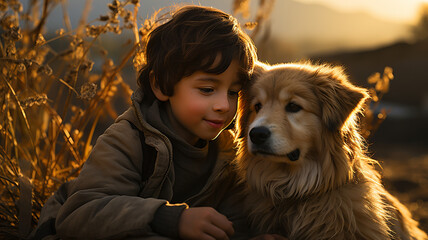 Gentle interaction between a child and a puppy in the autumn light, a young smile and a moment of puppy interaction, a portrait of a child and a golden retriever puppy,Generative AI