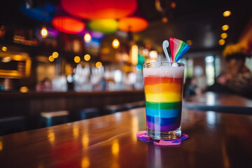 Colorful drink, cocktail close up on the table in a club, pub. Alcoholic beverage in a gay rainbow flag colors. LGBTQ celebration.