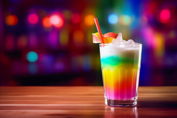Colorful drink, cocktail close up on the table in a club, pub. Alcoholic beverage in a gay rainbow flag colors. LGBTQ celebration.