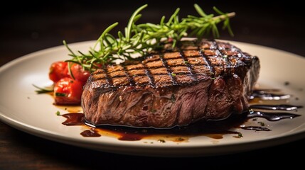 A succulent steak perfectly grilled, showcasing its juicy tenderness on a pristine white plate. The sizzling meat invites indulgence.