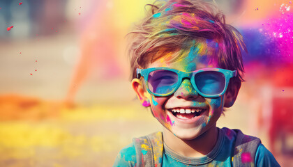 Happy kid in glasses and paint dust at festival , happy holi indian concept