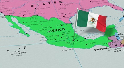 Fototapeta na wymiar Mexico, Mexico City - national flag pinned on political map - 3D illustration