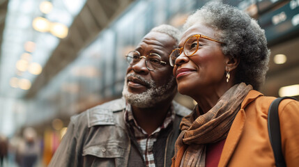 Obraz premium Satisfied happy senior couple looking at the flight schedule board at the international airport together