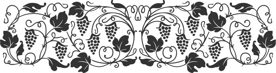 Grape vine ornament, wine border, vineyard branch. Vintage floral border, antique monochrome vector decoration, spacer or underline. Separator with grape curly vine fruits and leaves © Vector Tradition