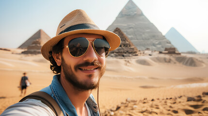 Realistic image of a male tourist taking a selfie with the backdrop of the Giza pyramids, Egypt...