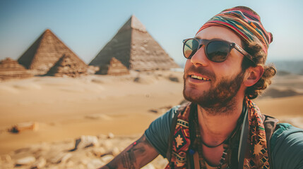 Realistic image of a male tourist taking a selfie with the backdrop of the Giza pyramids, Egypt tourism concept.