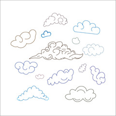 Colorful clouds . Sketchy doodles on white. Hand drawn
