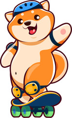 Cartoon kawaii Shiba Inu dog puppy character on skateboard. Comical Shiba Inu personage, funny small Japanese dog baby or adorable puppy vector character or funny mascot skateboarding in helmet