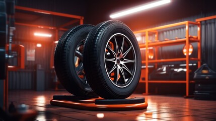 Car tires in the car workshop.. Transportation, safety, reliability, modern design concept.