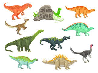 Cartoon dinosaur funny characters. Prehistoric reptile, paleontology extinct vector lizards. Ouranosaurus, Probactrosaurus, Suchomimus and Alectrosaurus, Alvarezsaurus, Aralosaurus cute personages