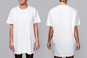 Front and back views of a woman wearing a white, oversized t-shirt with blank space, ideal for a...