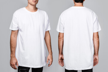 Front and back views of a man wearing a white, oversized t-shirt with blank space, ideal for a...