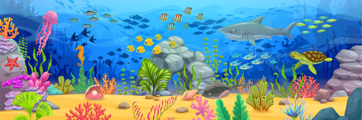 Long banner with sea underwater landscape. Cartoon shark and turtle, fish shoals, seaweeds and corals on sand bottom vector background. Blue water waves with jellyfish, seahorse, starfish, stingray - obrazy, fototapety, plakaty