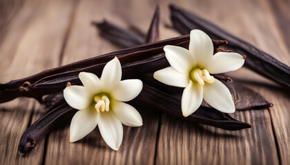 Fototapeta na wymiar Vanilla flowers and pods in the wooden table 