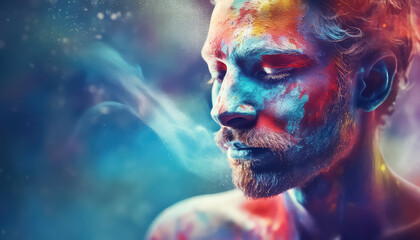 Man in dust and smoke paints , happy holi indian concept