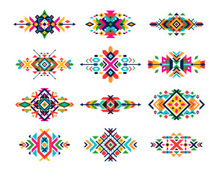 Mexican tribal patterns. Ethnic motif ornament. Native American abstract ornaments, Aztec tribe isolated vector triangle geometric patterns print or Mexico traditional embroidery graphic decorations - obrazy, fototapety, plakaty