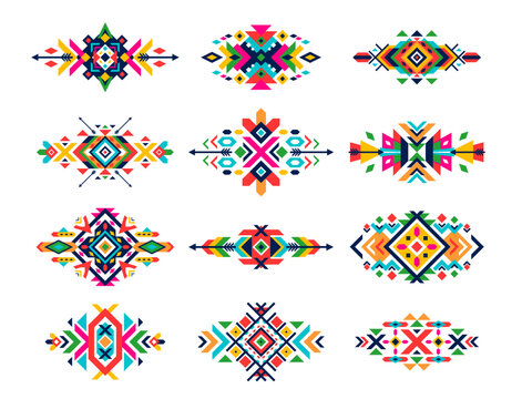 Mexican tribal patterns. Ethnic motif ornament. Native American abstract ornaments, Aztec tribe isolated vector triangle geometric patterns print or Mexico traditional embroidery graphic decorations