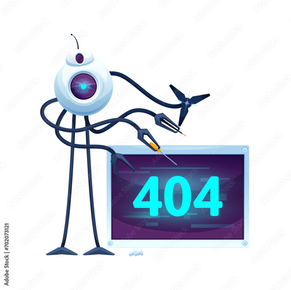 Leinwandbilder 404 page with cartoon screen and future robot. Web site error warning, network problem message or webpage loading construction vector banner with SCI FI robot or droid with repair tools in tentacles