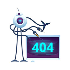 404 page with cartoon screen and future robot. Web site error warning, network problem message or webpage loading construction vector banner with SCI FI robot or droid with repair tools in tentacles