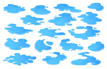 Cartoon rain water puddles. Blue liquid water splash, drop, spill and leakage top view. Isolated vector puddles, pools and wet stains with bubbles and droplets on surface, environment or nature themes